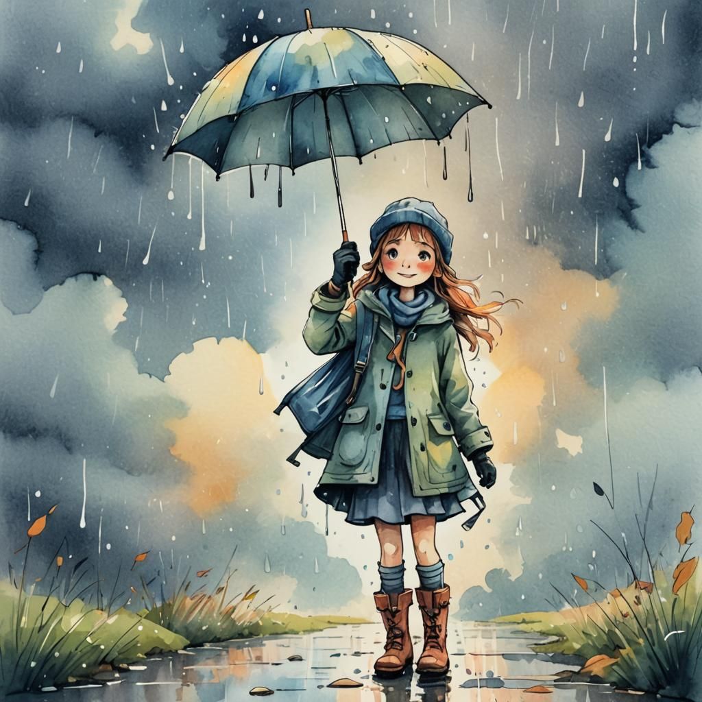 Whimsical Girl with Umbrella in Rainy Sky