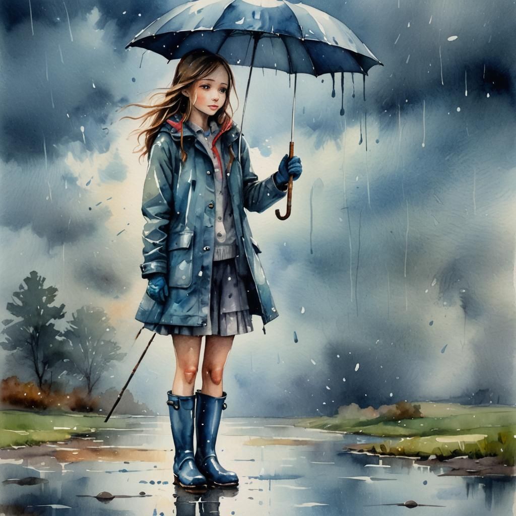 Girl with Umbrella in Rainy Watercolor Portrait