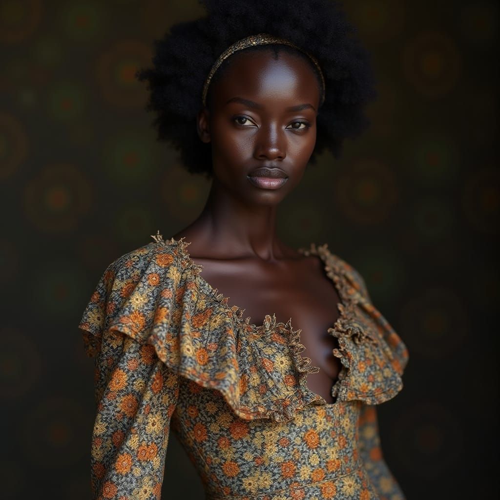 African Fashion Model in Haute Couture Garment with Raw Edge...