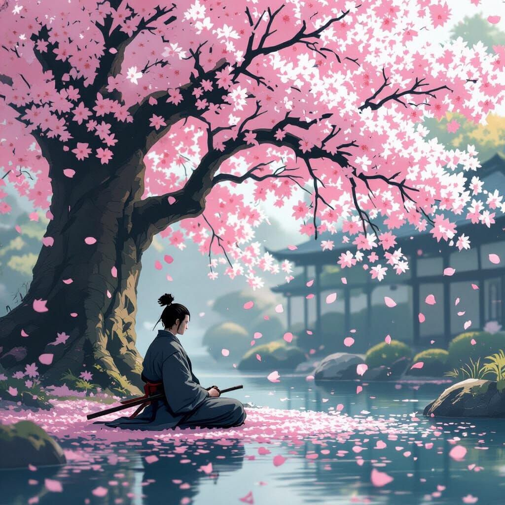 Samurai Meditating Under Cherry Blossoms in Japanese Garden