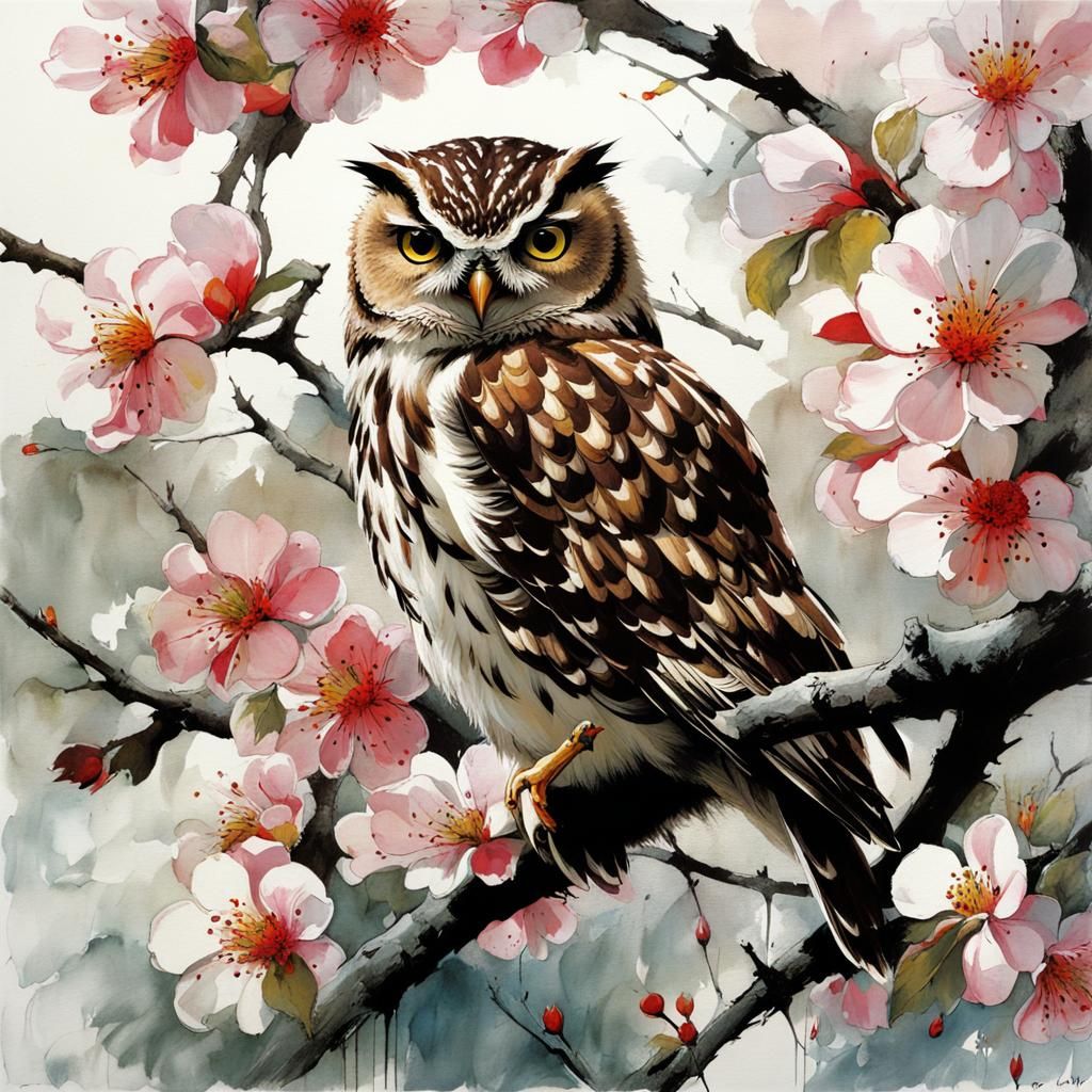 Owl in Blossoming Tree, Sumi-e Comic Book Style