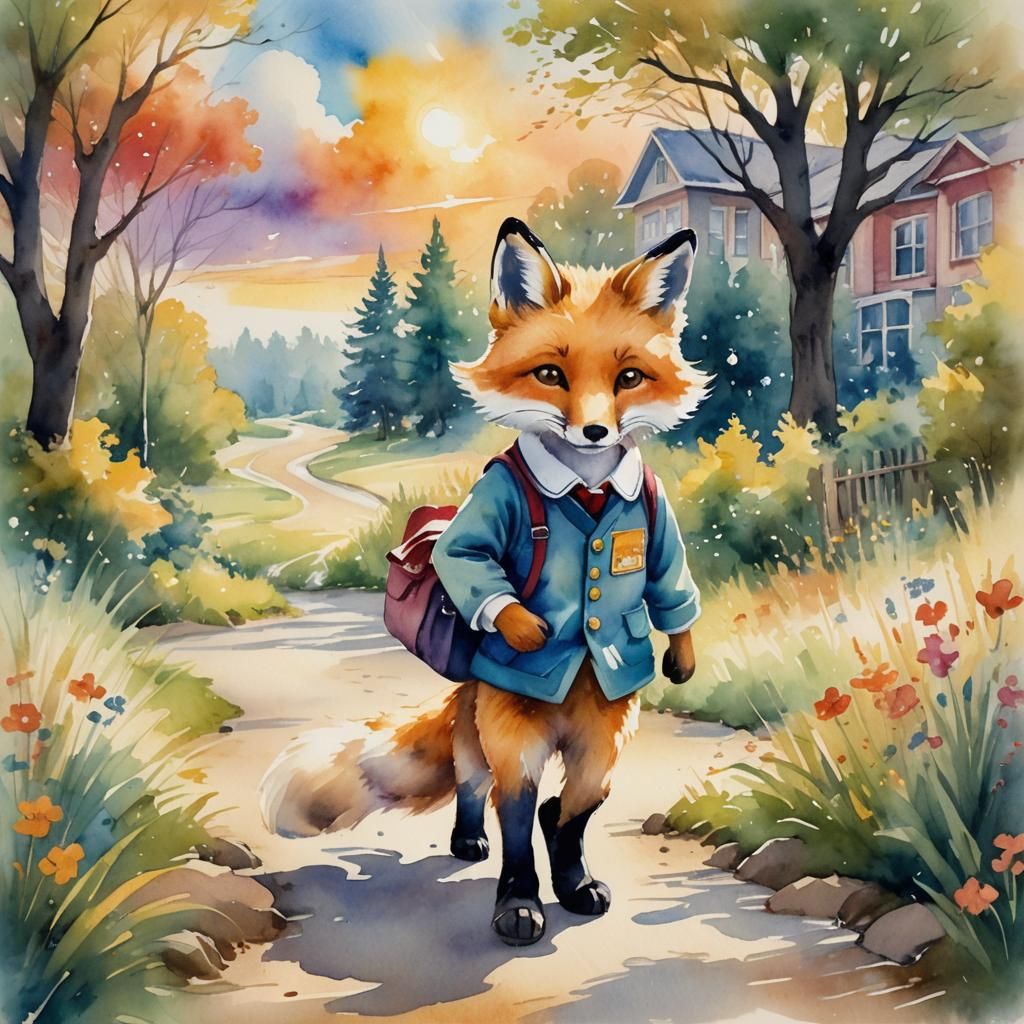 Fox Walks Home from School in Watercolor Fantasy