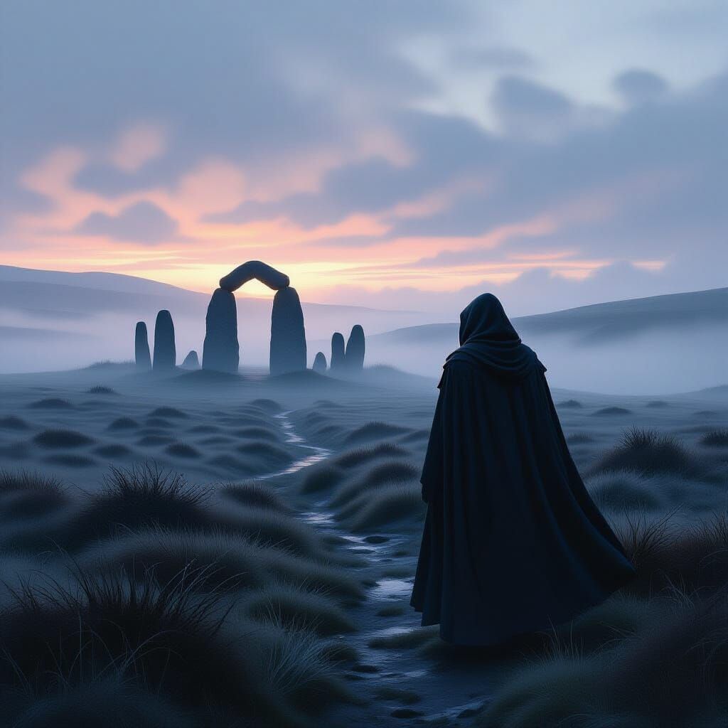 Misty Moor at Dawn: Cloaked Figure Gazing at Stone Circle