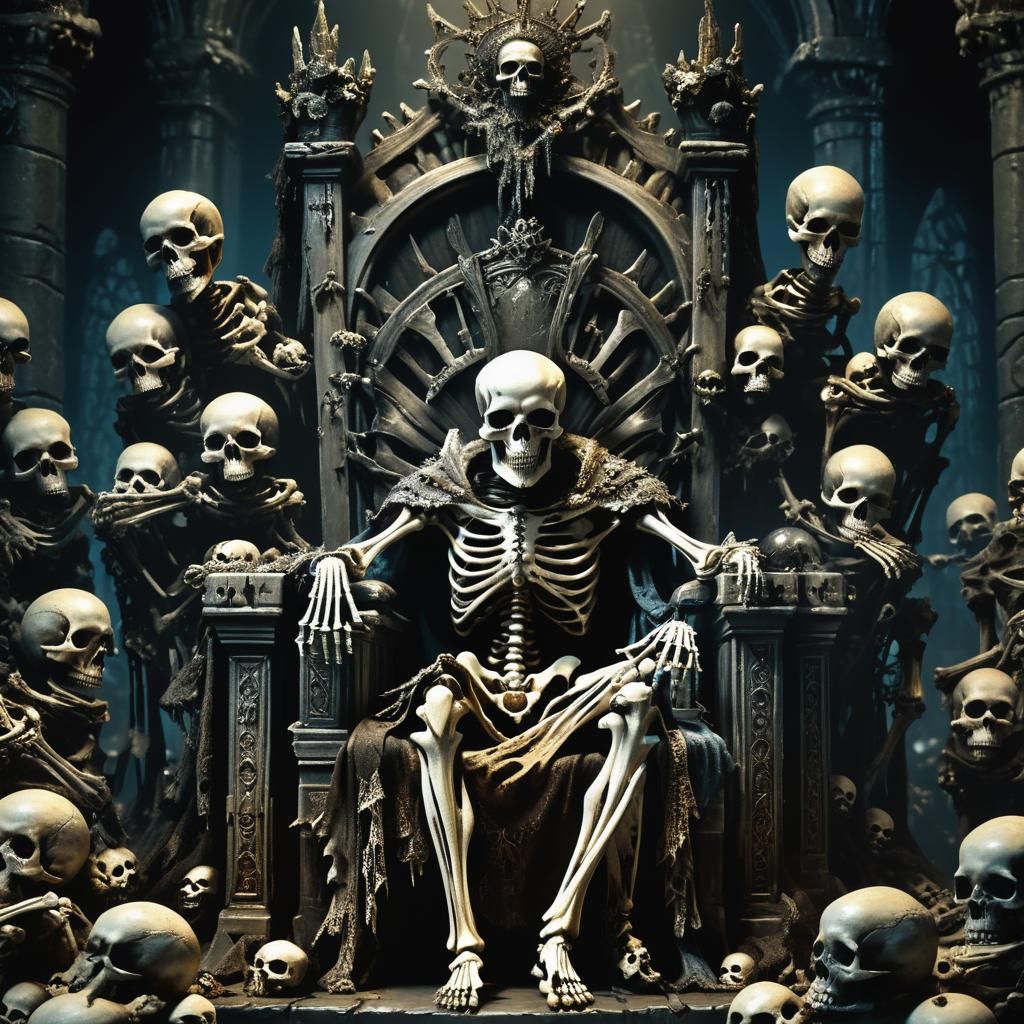 Skeletal Spirit on Skull Throne in Dark Chamber