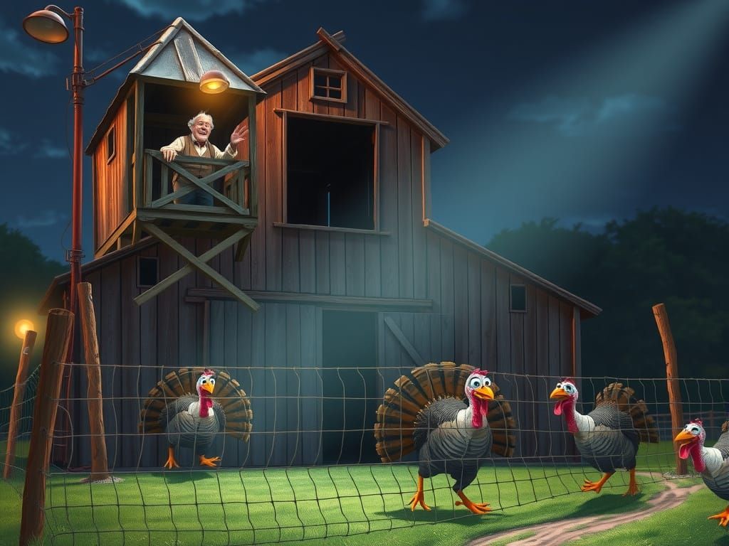 Comedic Barn Escape Scene with Panicked Turkeys