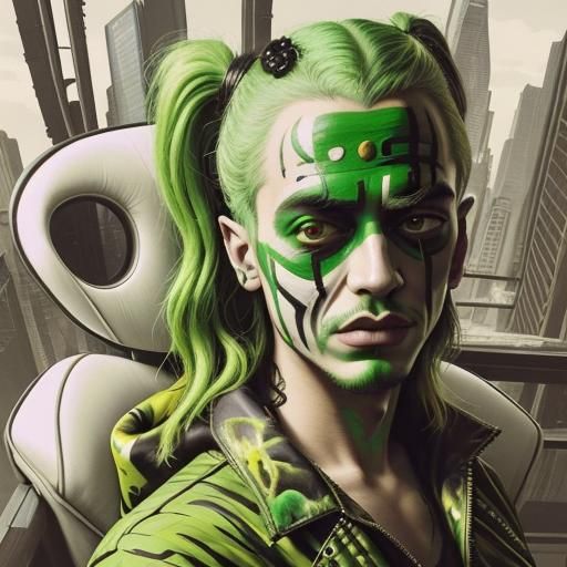 Surreal Cyberpunk Portrait with Green Face Paint