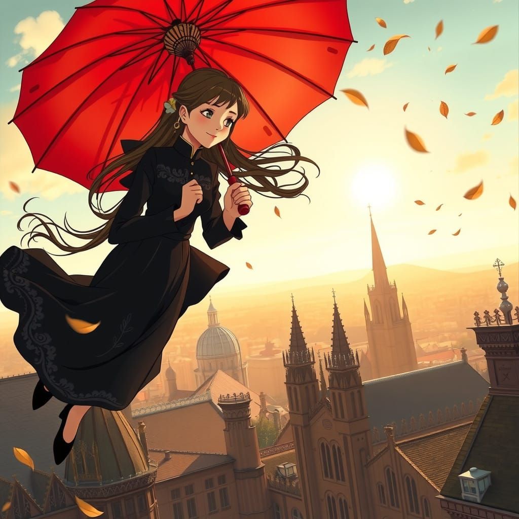 Serene Lady in Flight with Red Umbrella