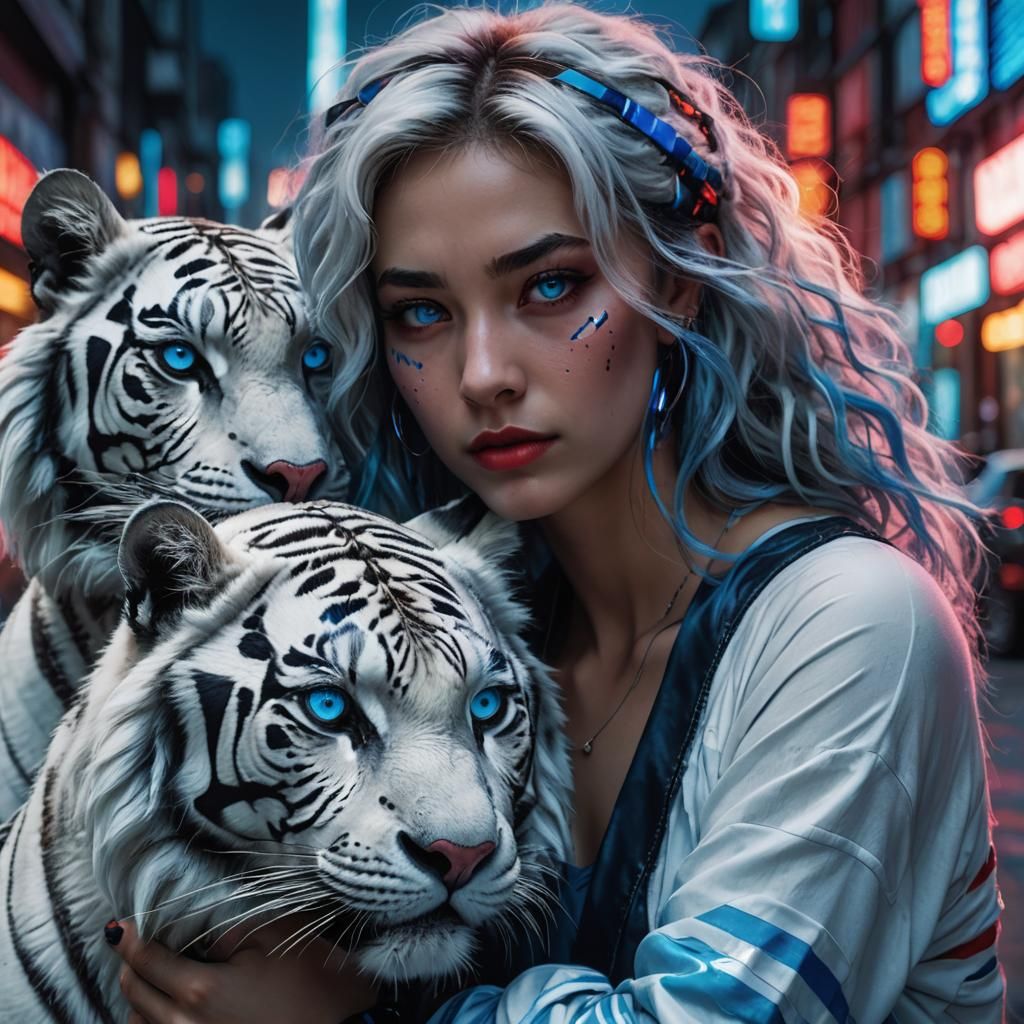 Woman and Tiger in Neon City: Dark Fantasy Painting
