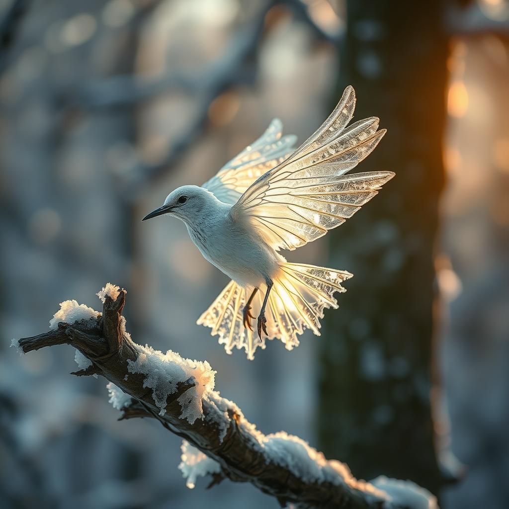 Crystalline Ice Bird Taking Flight, Hyper-Realistic Photo