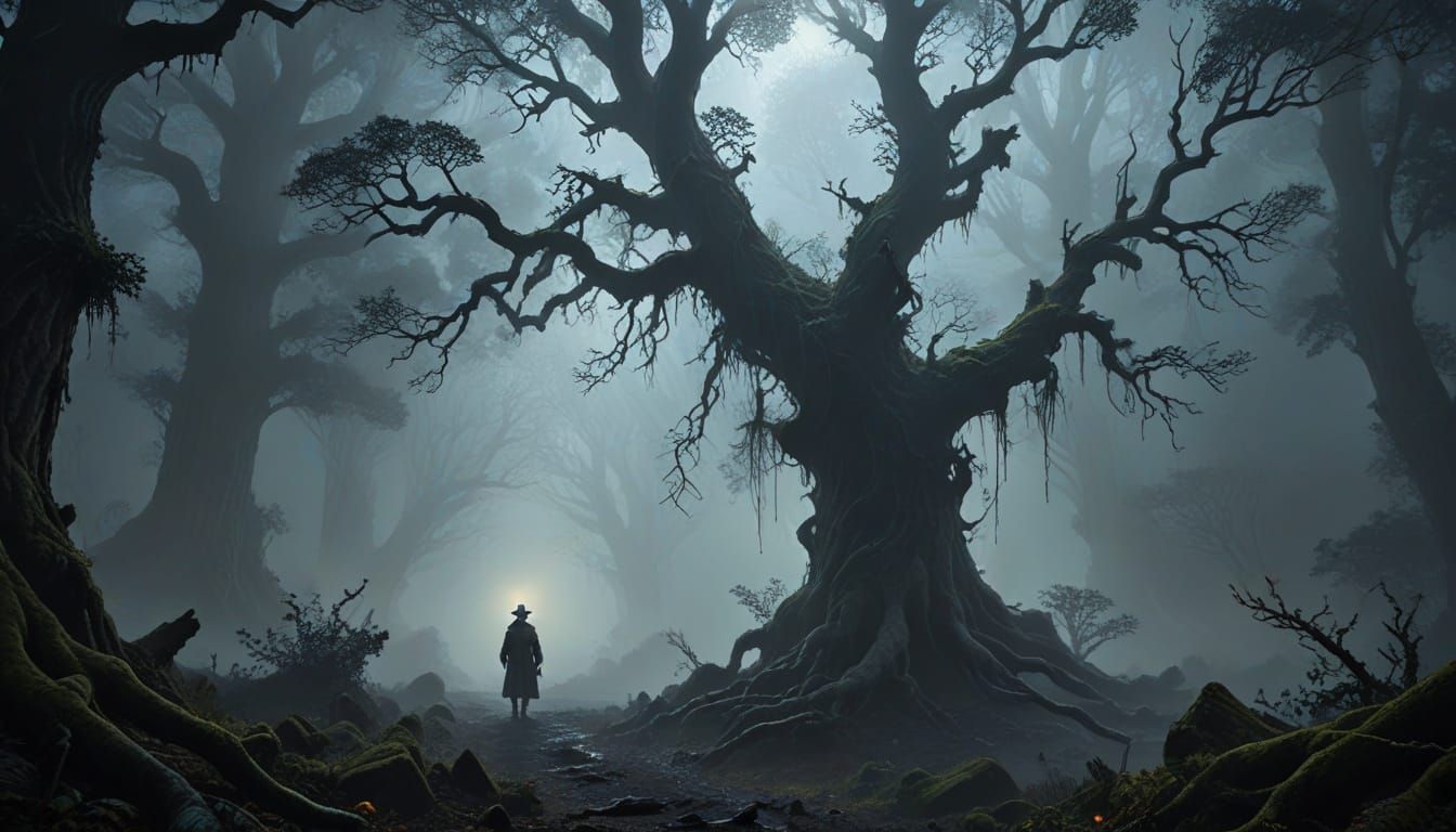 Mysterious Forest Path in Dark Fantasy Concept Art Style