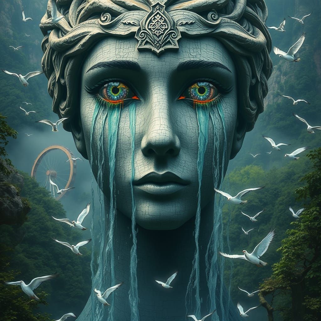 Monumental Waterfall Statue in Lush Forest