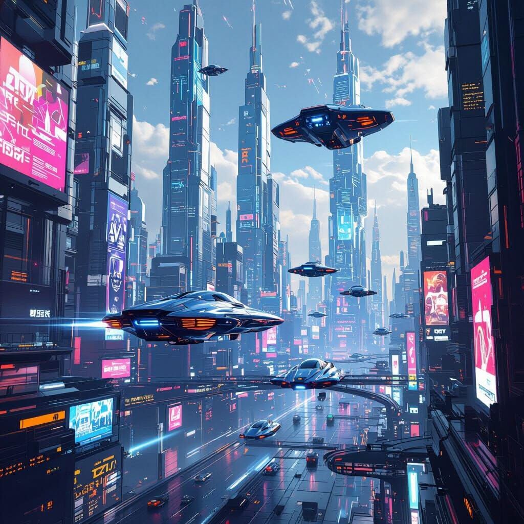 Futuristic Cityscape with Flying Vehicles in Cyberpunk Style