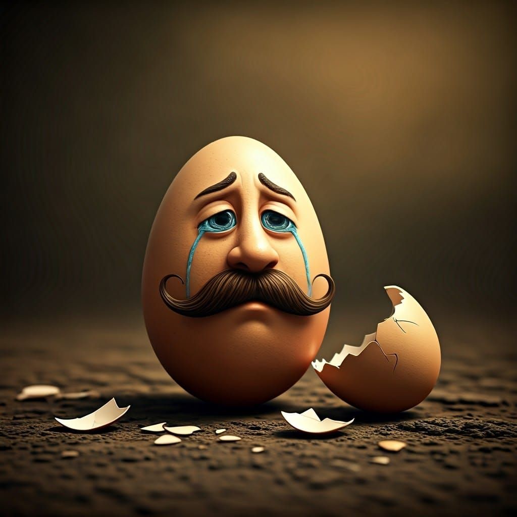 Whimsical Egg Cries Beside Broken Egg