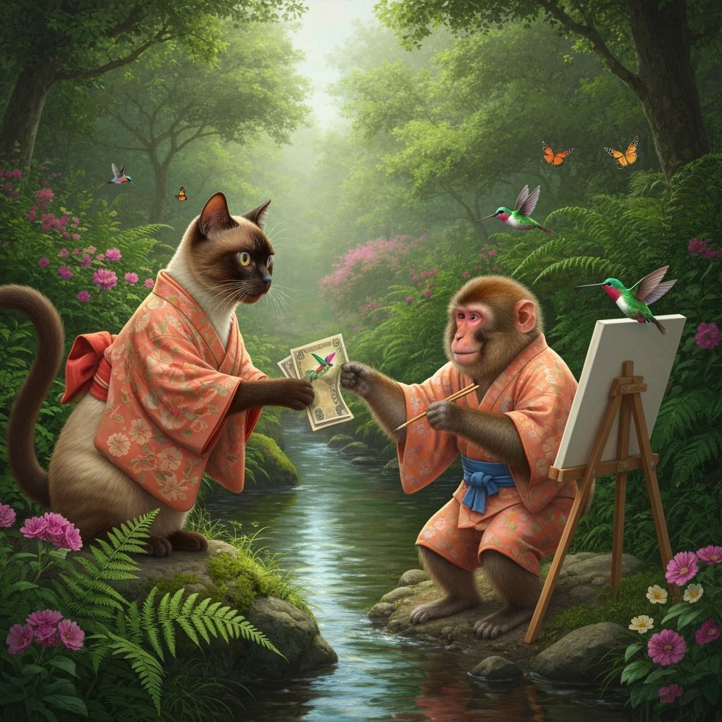 Siamese Cat Pays Macaque to Paint Hummingbird in Rural Japan
