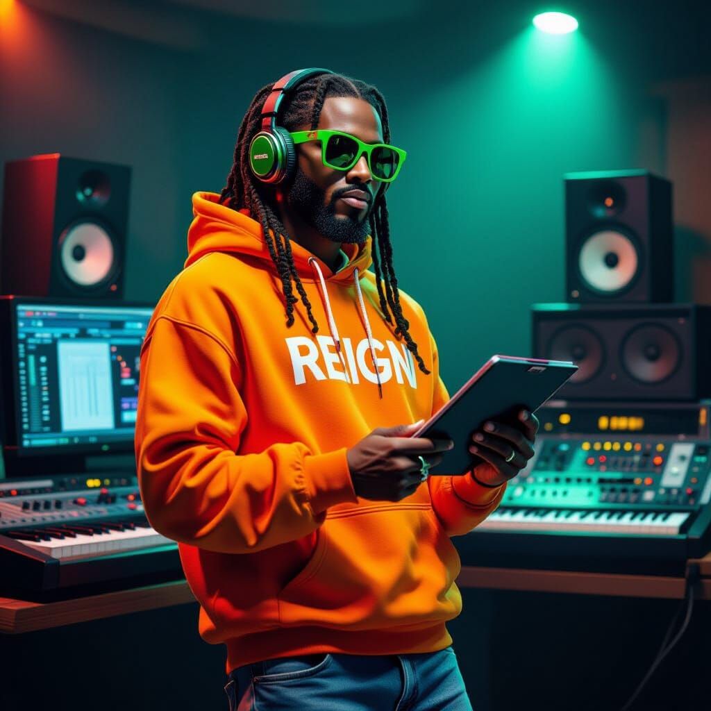 Man in Music Studio with Green Shades and Sneakers