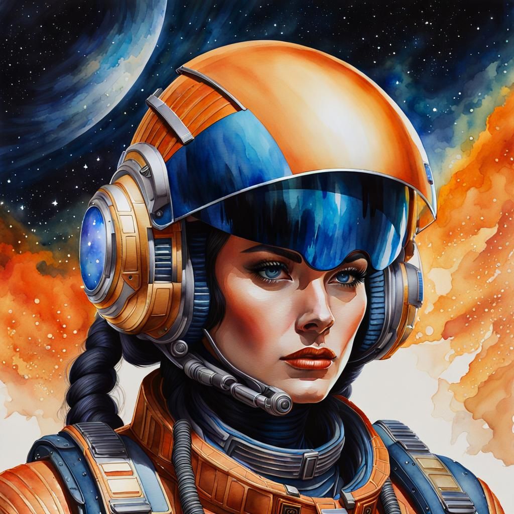 Space Opera Heroine in Pilot Helmet, Watercolor Style