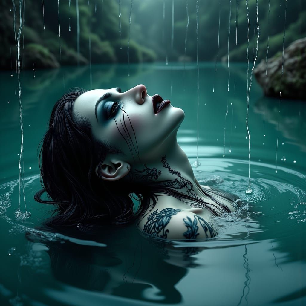 Gothic Woman Emerging from Lake in Storm