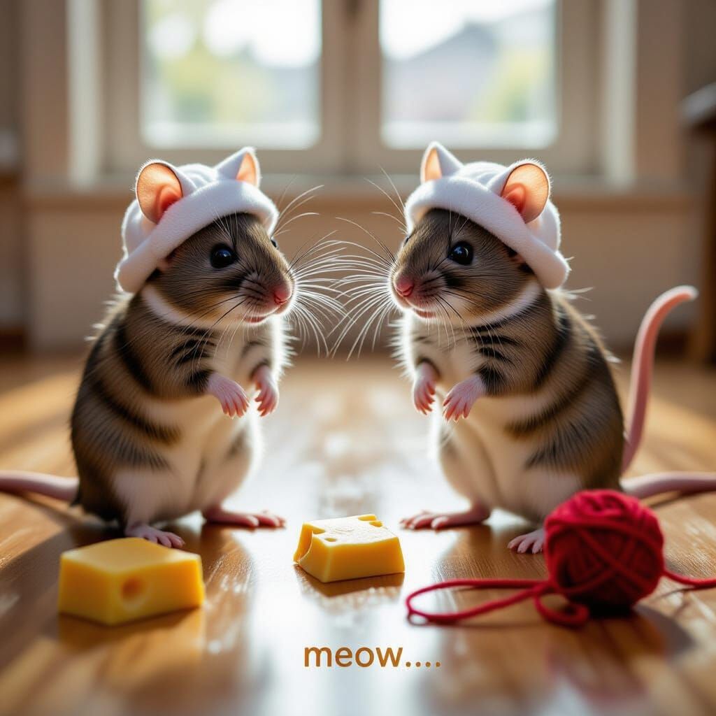 Hyperrealistic Mice Pretending to Be Cats in Cozy Home