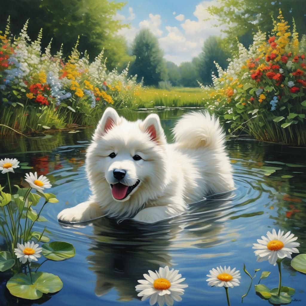 Samoyed Puppy Swimming in Summer Pond