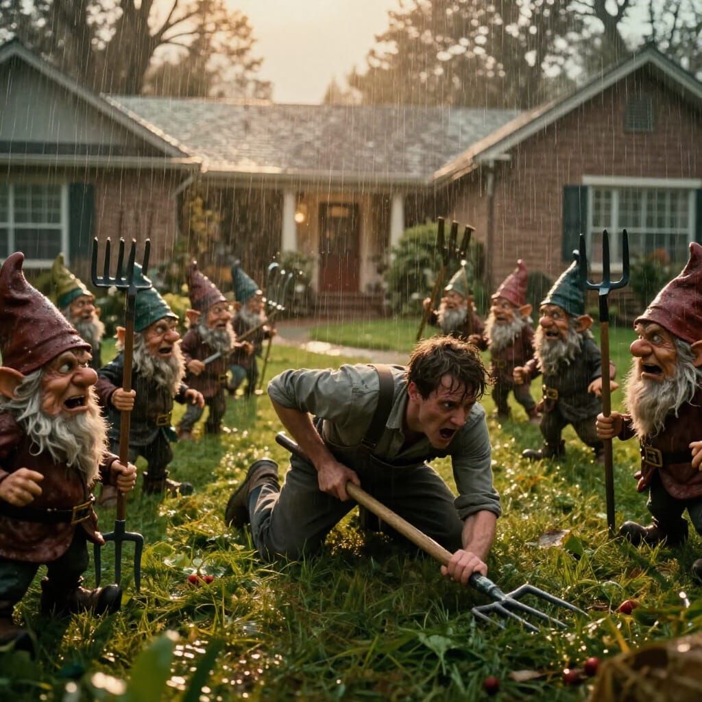 Terrified Gardener Attacked by Angry Garden Gnomes