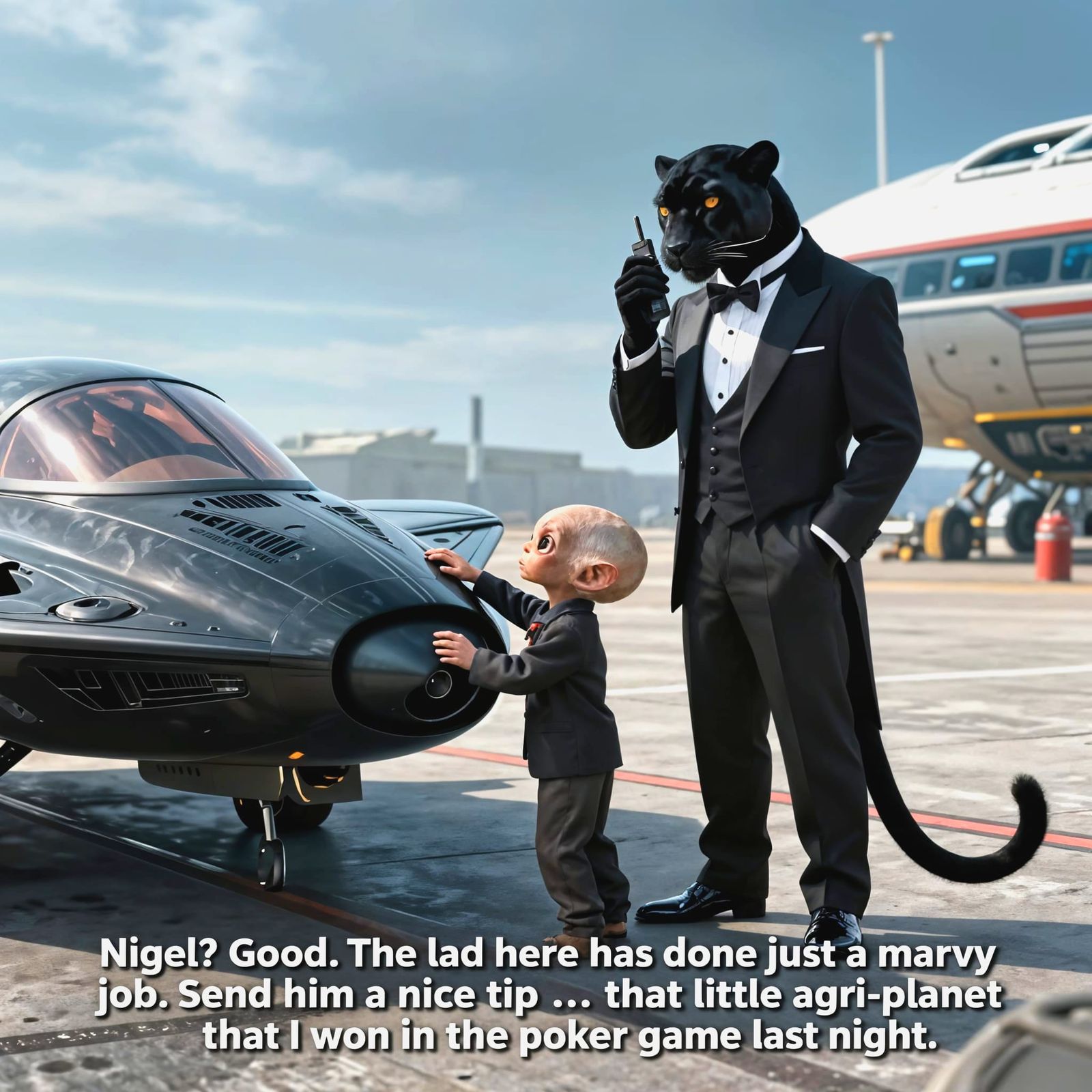 Adorable Alien Polishes Luxury Spaceship at Spaceport