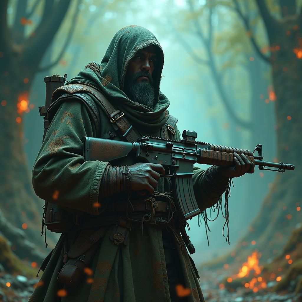 Heroic Figure with AK47 in Fantasy Landscape