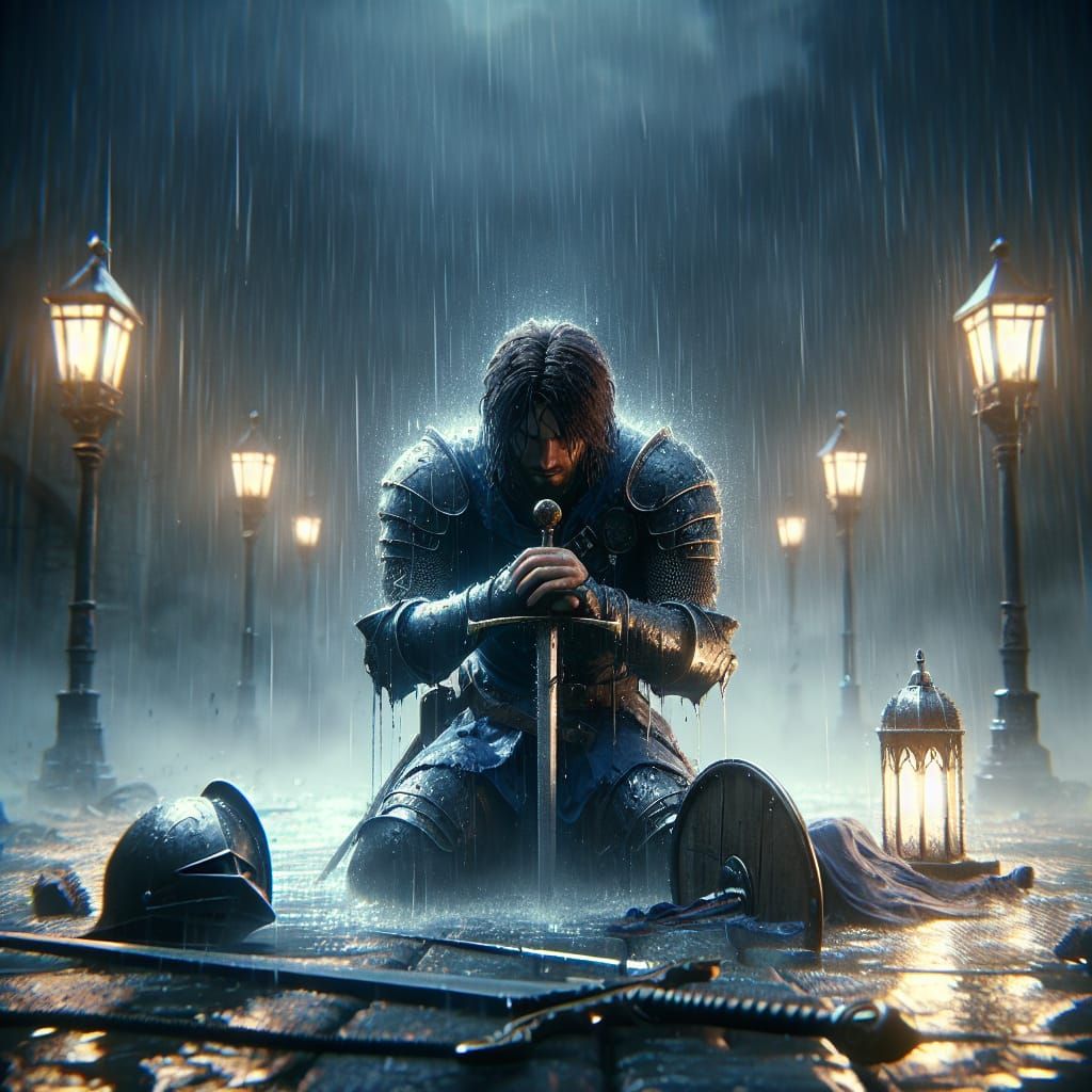 Exhausted Knight Under the Rain