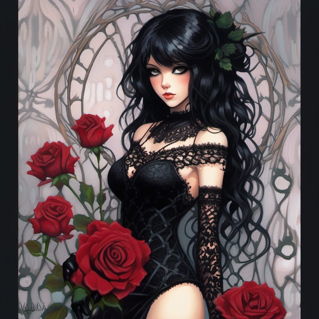 Gothic Beauty in Black Lace with Crimson Roses