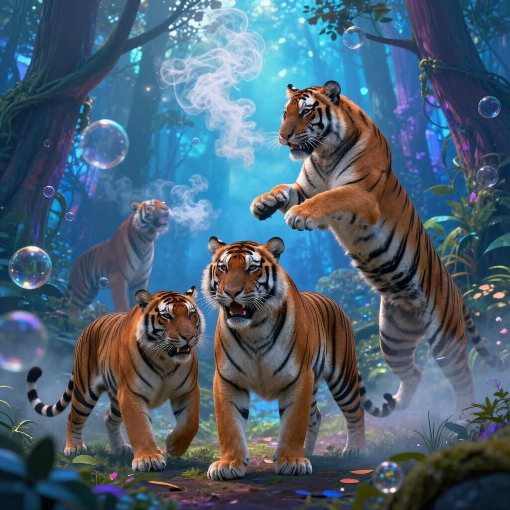 Tigers Pop Smoke Bubbles in Blue Forest