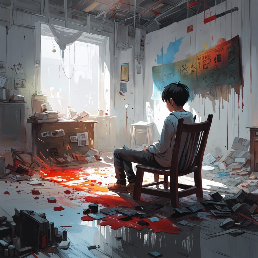 Monochrome Anime Boy in Empty White Room