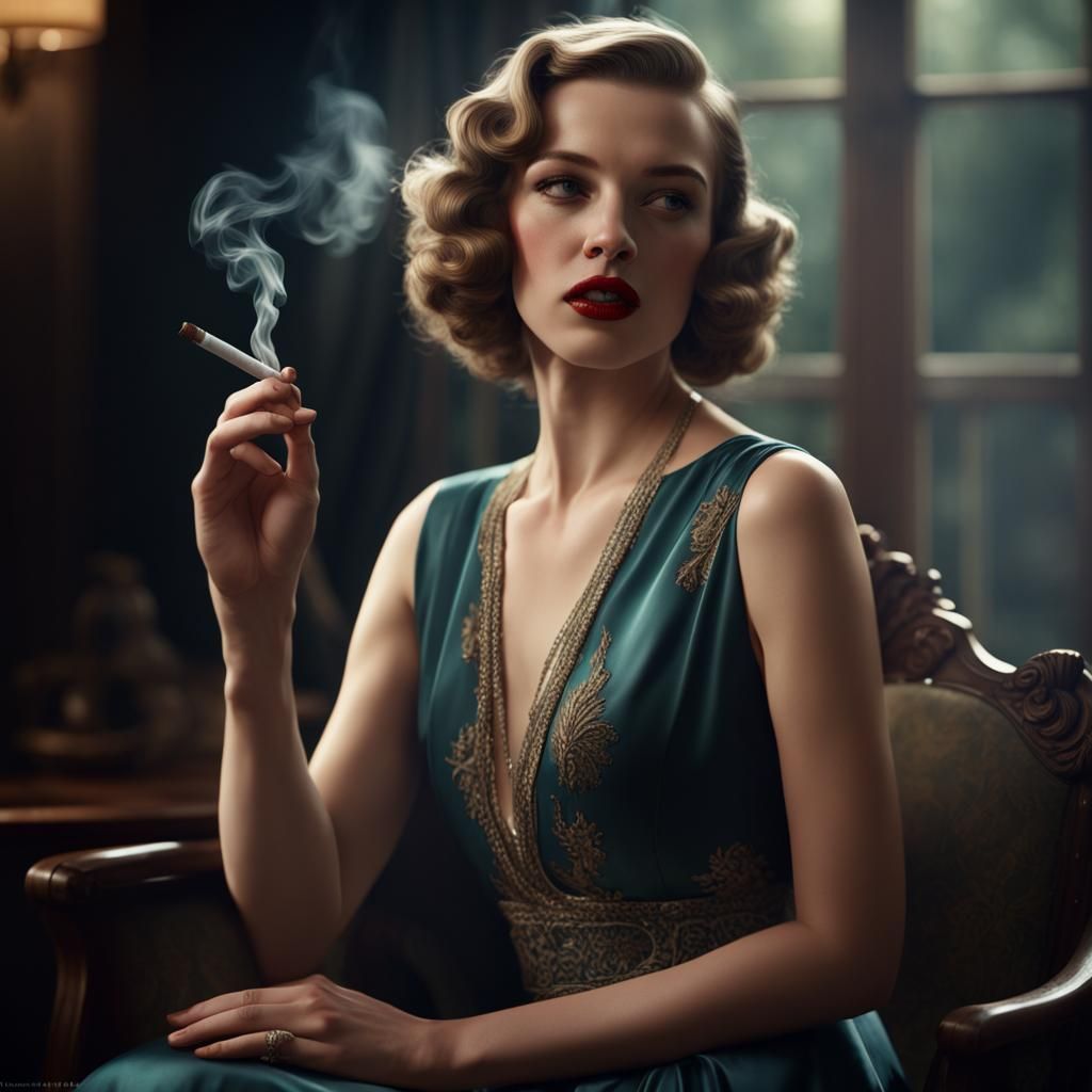 1930s Girl in Silk Dress Smoking, Detailed Matte Painting