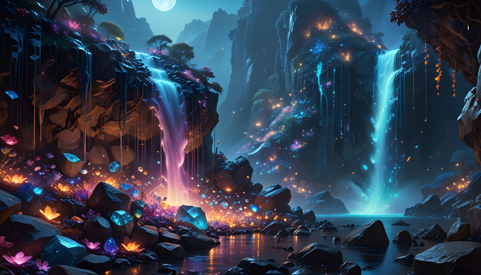 Surreal Neon Gemstone Waterfall under Blue Moon