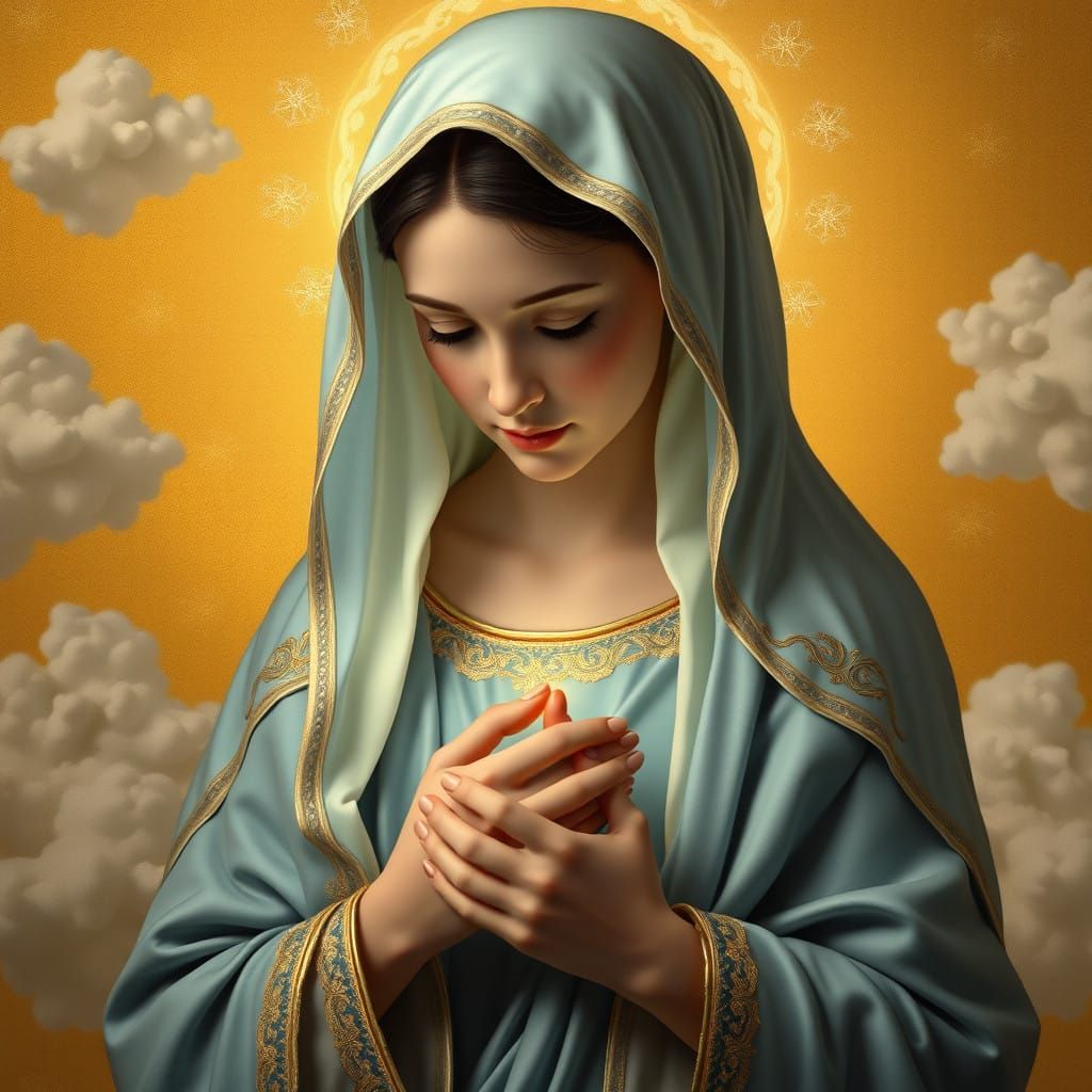 Serene Virgin Mary in Holy Blue Robe with Golden Embroidery