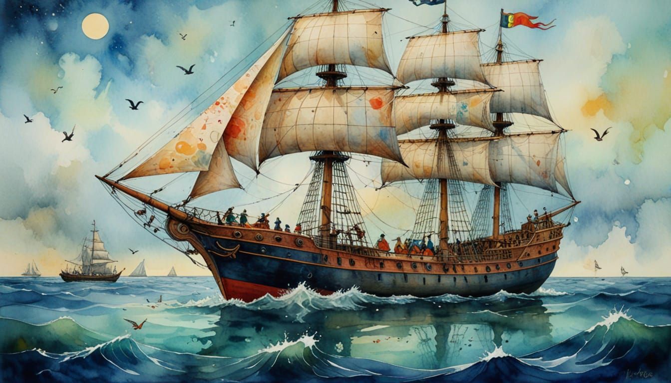 Whimsical Sailing Ship on Turquoise Waters