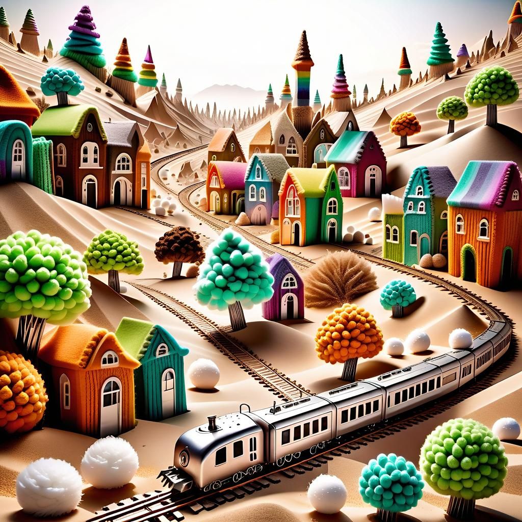 Surreal Town with Train on Barbed Wire Tracks