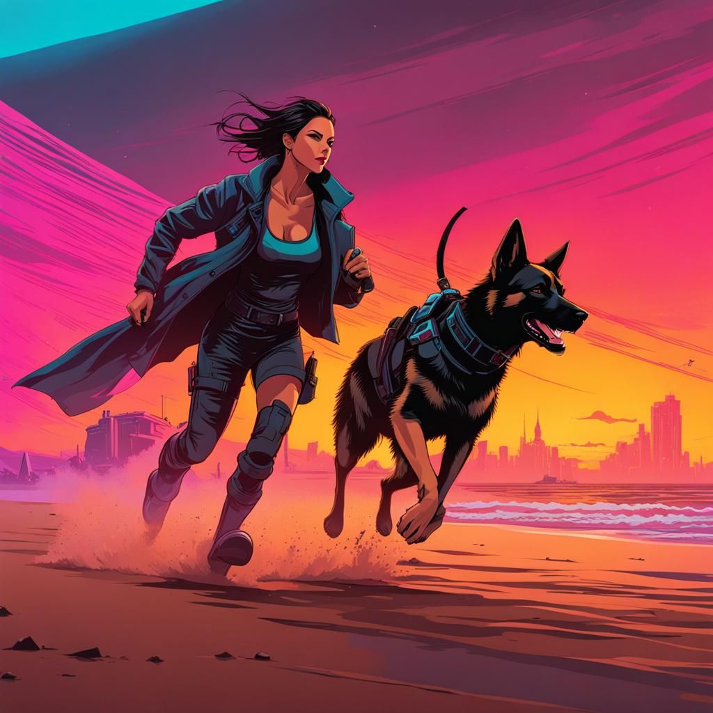 Woman and Dog Run on Neon Cyberpunk Beach