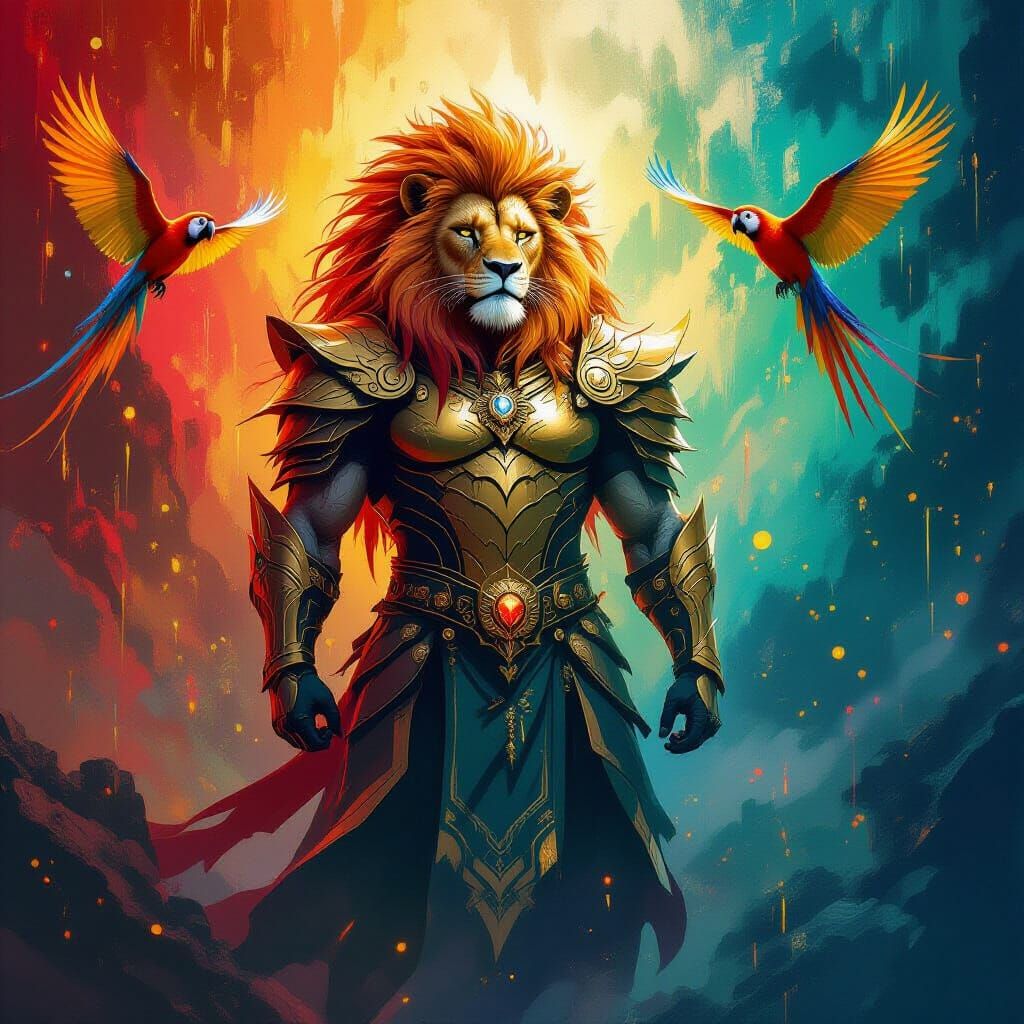 Majestic Lion-Human Hybrid in Golden Armor