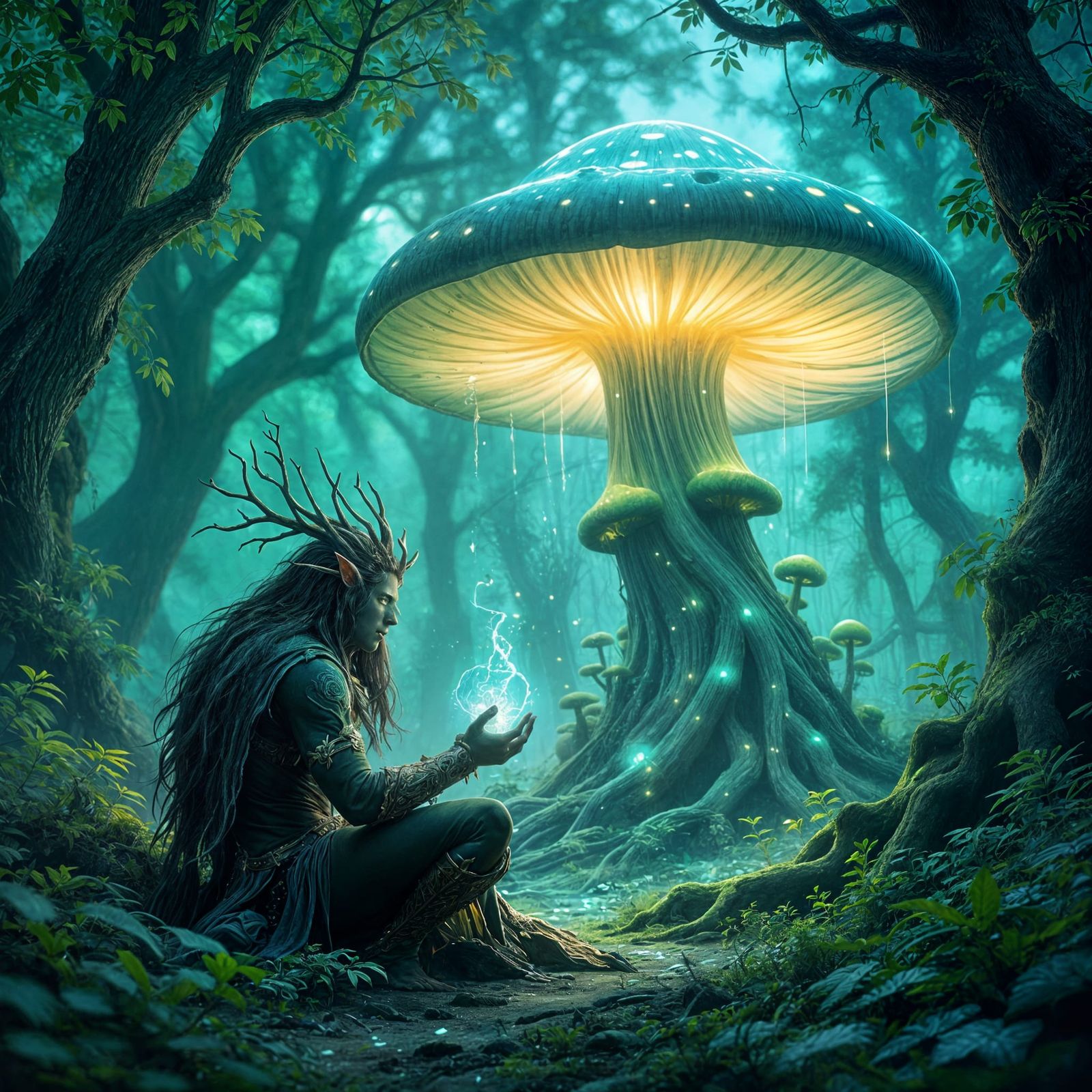 Druid communes with giant glowing mushroom in hidden forest