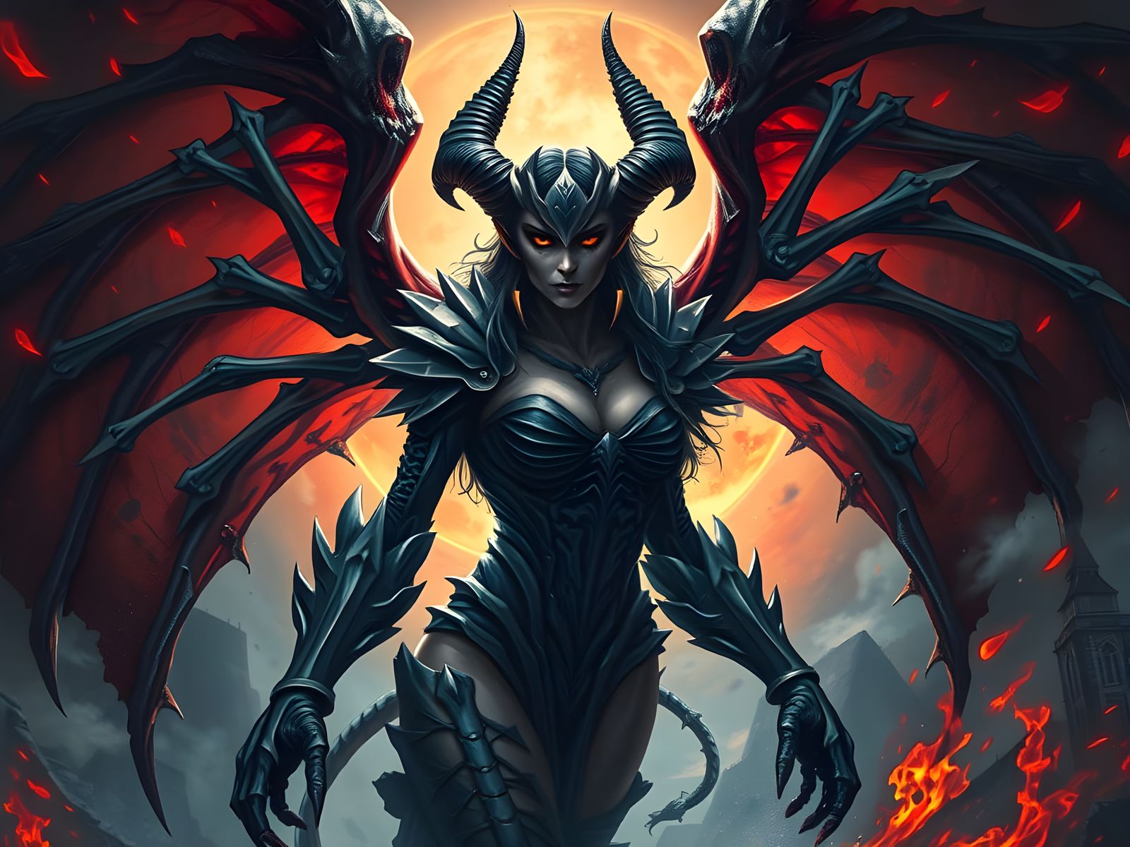 Female Demon Emerges from Hellfire in Dark Fantasy Art