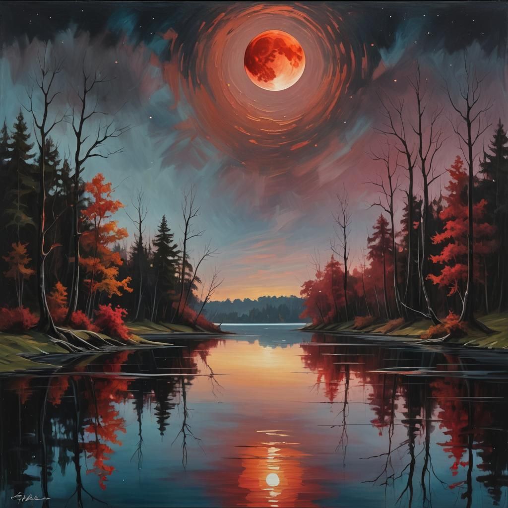Eerie Red Moon Over Lake in Surreal Oil Painting