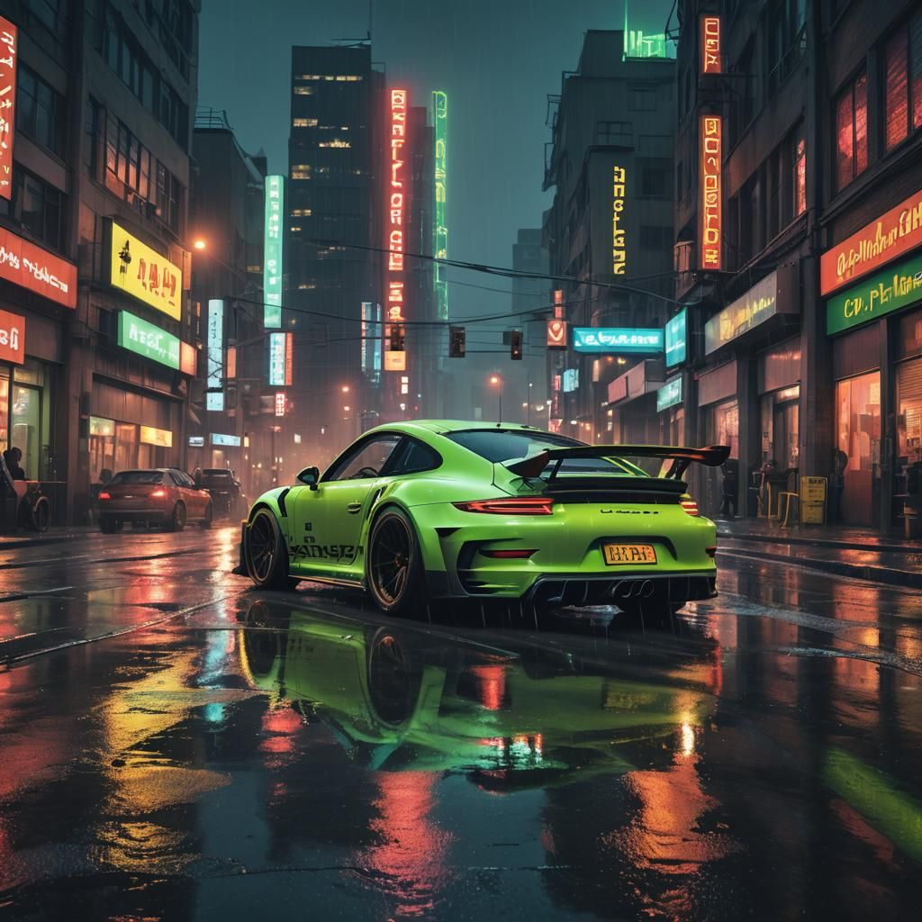 Lime Porsche Drifting in Cyberpunk Cityscape