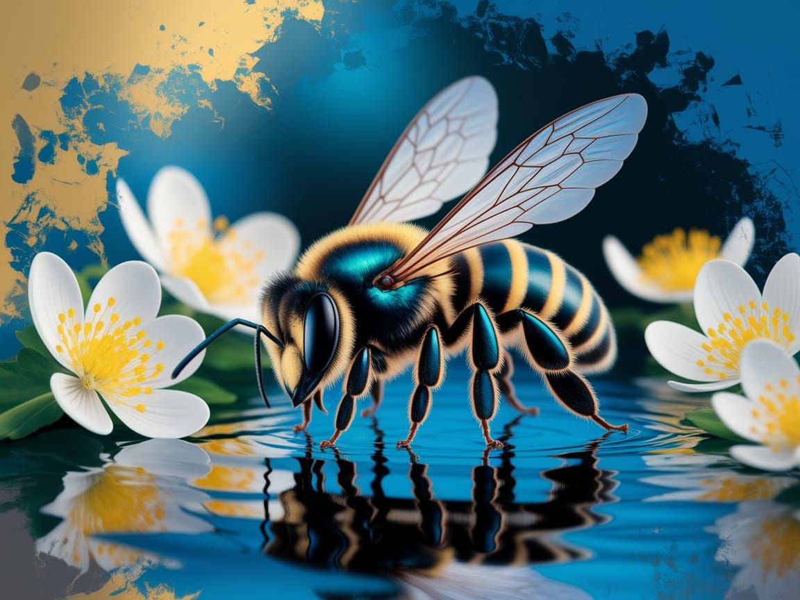 Vibrant Bee on Reflective Water in Abstract Digital Painting