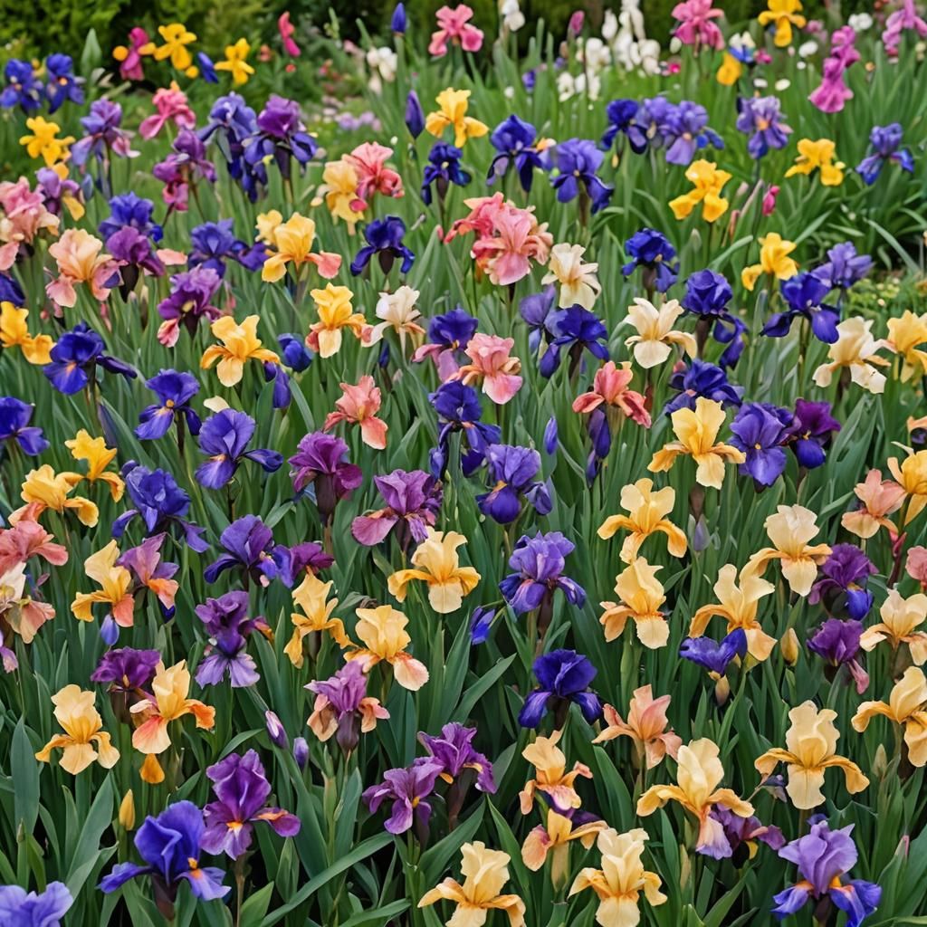Blooming Multicolored Irises in Italian Garden