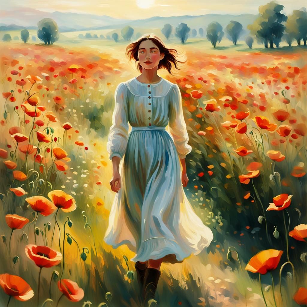 Woman in Poppy Field: Impressionist Style