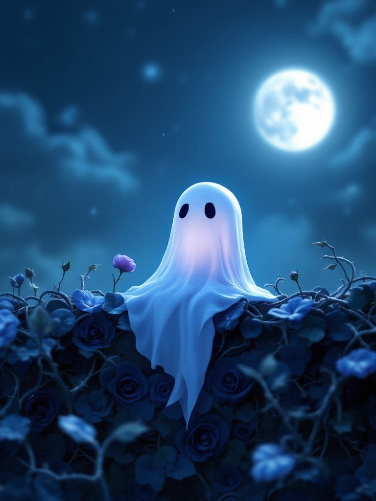 Cute 3D Ghost on Rose Vines Under Moonlight
