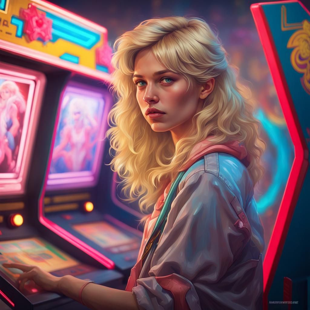 1980s Arcade Girl Portrait in Art Nouveau Style