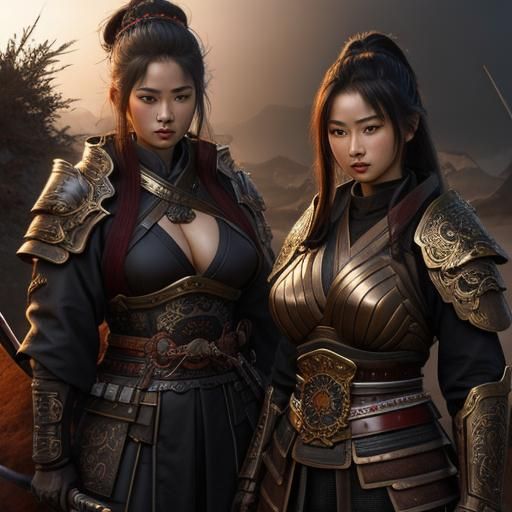 Three Female Samurai Warriors in Detailed Armor