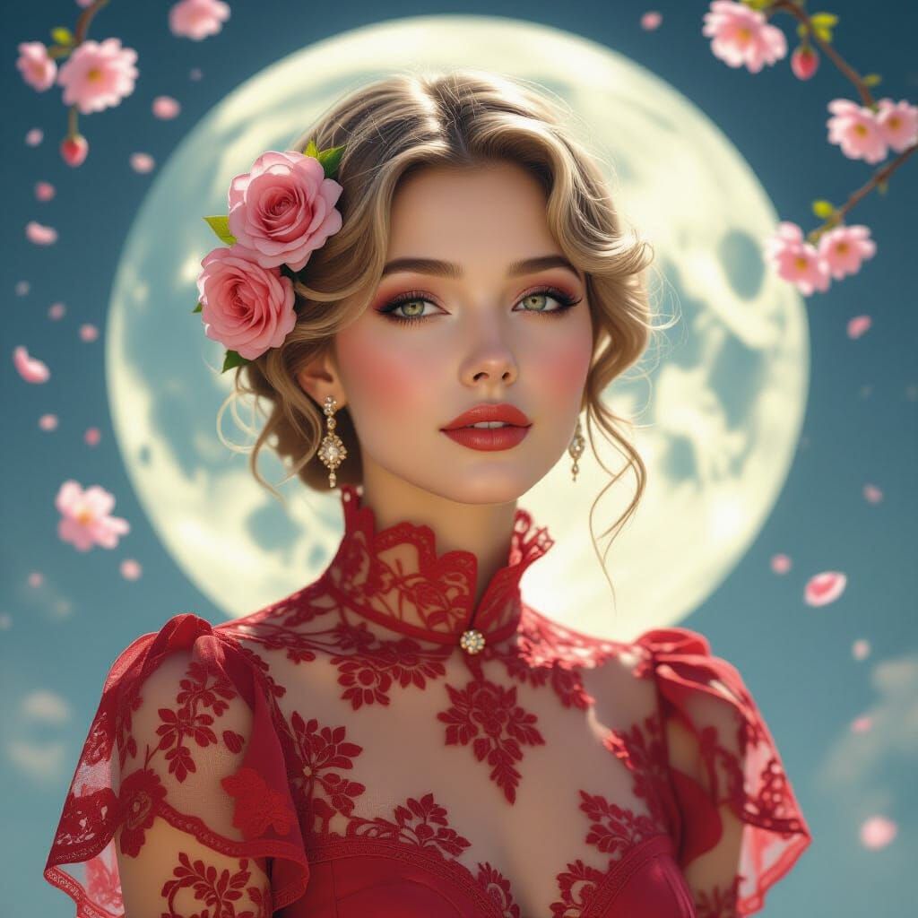 Ethereal Woman in Lace with Roses, Art Nouveau Style