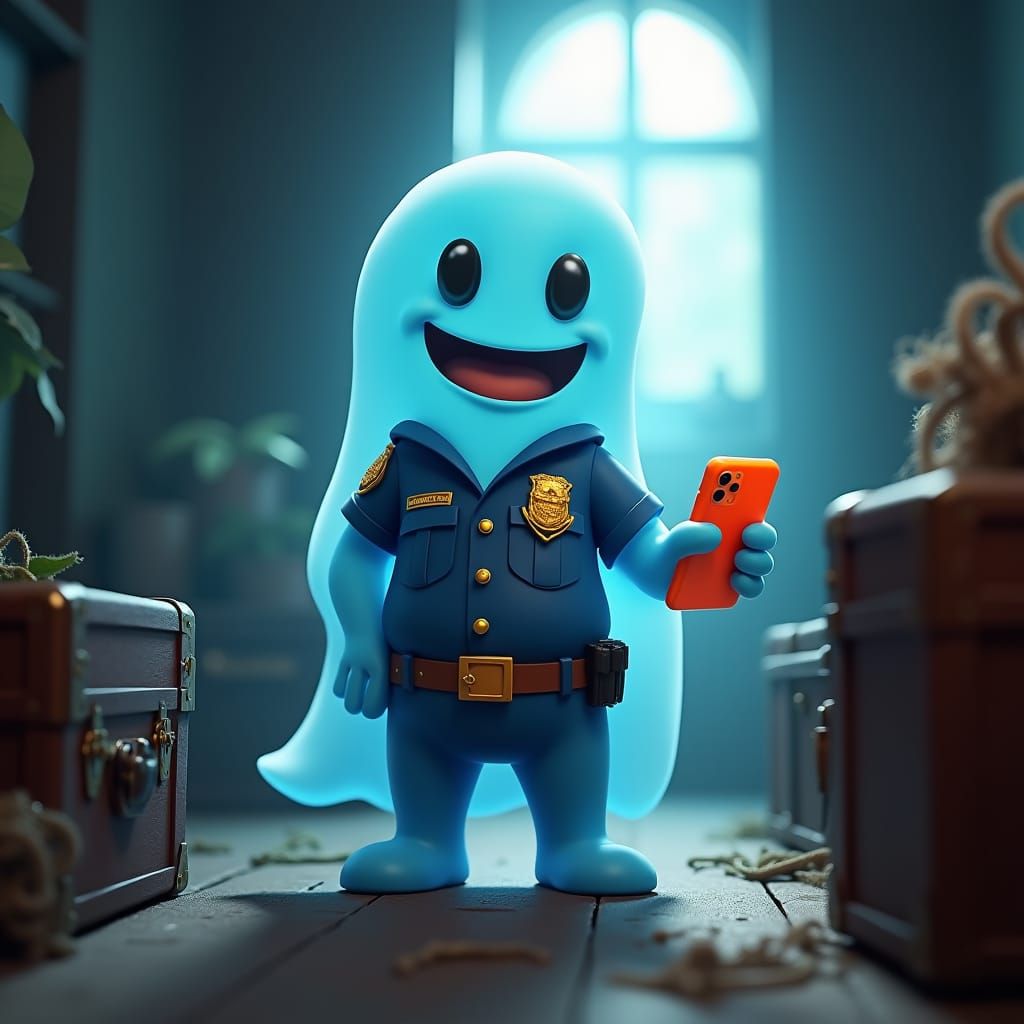 Friendly Ghost Security Guard in Dusty Attic: 3D Digital Art