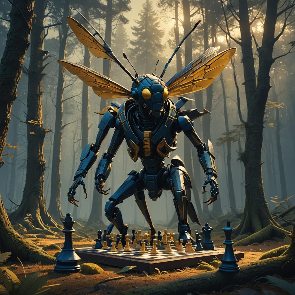 Wasp Plays Chess in Mystical Forest: Digital Art